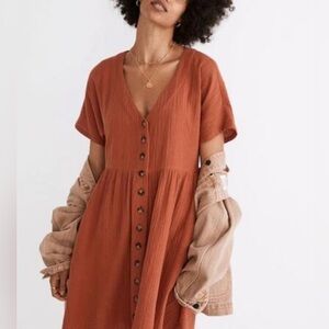 Madewell|Burnt Orange Gauze Muslin Button-Down Dress,Boho vibes•size XXS,cotton